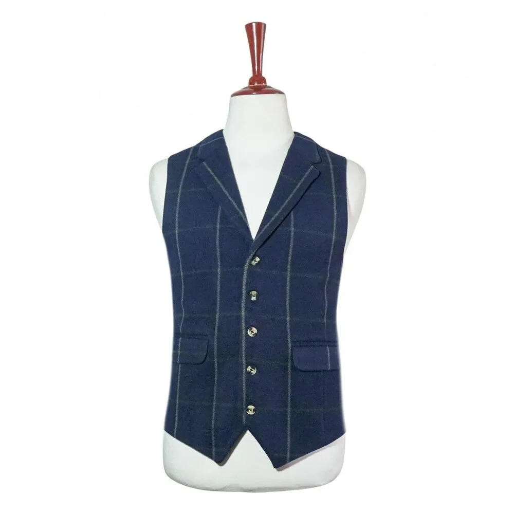 Mens 46R Wool Vest Navy Blue Windowpane Check Waistcoat Preppy Formal Casual